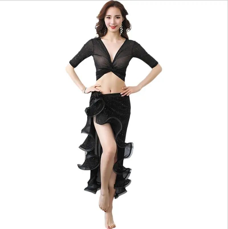 black-sets Взрослый танец живота одежда весна лето Восточный танец сексуальный женский костюм стягивающая рубашка - Цвет: black-sets