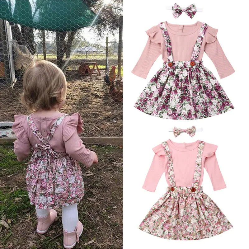

Pudcoco Baby Girls Autumn Warm Clothes Set Ruffles Long Sleeve Tops Romper Floral Printed Bib Skirt Outfits Baby Girl Cotton Set