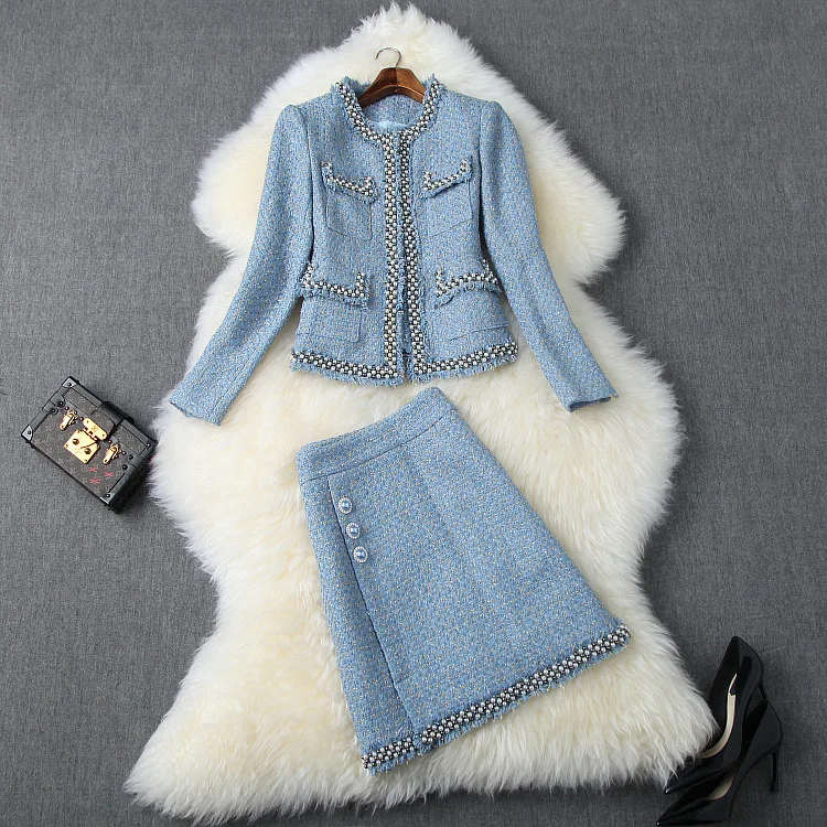 Новинка, осенне-зимний женский формальный твидовый пиджак, с жемчужинами и бисером, маленький карман+ мини-юбка, костюм из двух частей, наряды синего и бежевого цвета