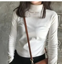 white with letter Весенне-осенняя модная женская однотонная Базовая футболка с длинными рукавами и воротником-стойкой, однотонные футболки для женщин, повседневные футболки, топы, женские рубашки - Цвет: white with letter