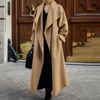 

Long Wool Blends Women Spring Autumn Solid Camel Korean Office Ladies Retro Causal Overcoat OL Warm Winter Coats Minimalist