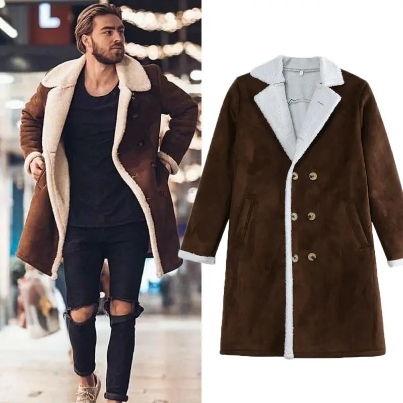 2020 модное мужское меховое флисовое пальто коричневого цвета тренчкот с
