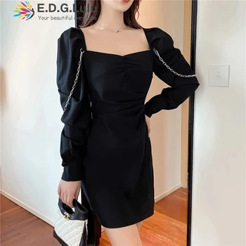 

EDGLuLu Autumn Puff Sleeve Chain Women Casual Square Neck Dress Elegant Lady Office A Line Mini Dresses Woman Party Night 1026