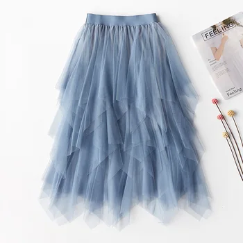

2020 Women Summer Boho Maxi Skirt High Waist Women Irregular Layer Mesh Skirt Ladies Ball Gown Long Skirt Faldas Jupe Femme Saia