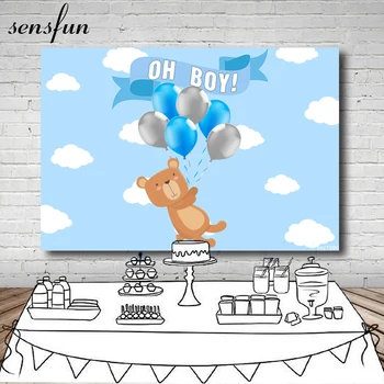 

Sensfun Boys Baby Shower Newborn Birthday Party Backgrounds Blue Theme Bear Balloon Clouds Photography Backdrop For Photo Studio