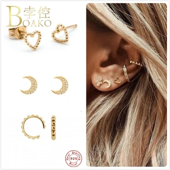 

925 Sterling Silver Earrings For Women Gold Moon Zircon Earrings Girl Small Ear Bone Piercing Earring Female Heart aretes