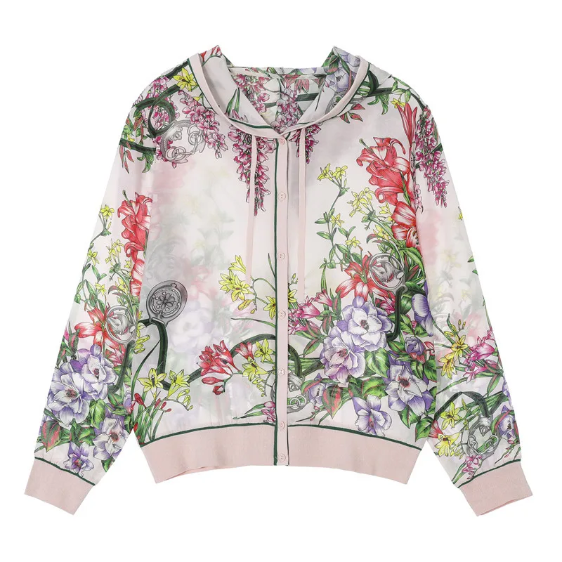 

19 Early Autumn New Style WOMEN'S Dress Europe And America Positioning Printed Real Silk Long Sleeve Hooded Cardigan Coat F8105