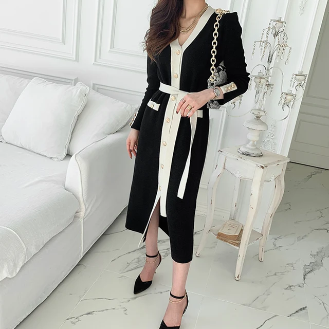 New Summer Sweater Women Dress Sleeveless Sweaters Knitted Dresses Womens Long Loose Maxi Oversize Knitting Robe Vestido Black long sleeve