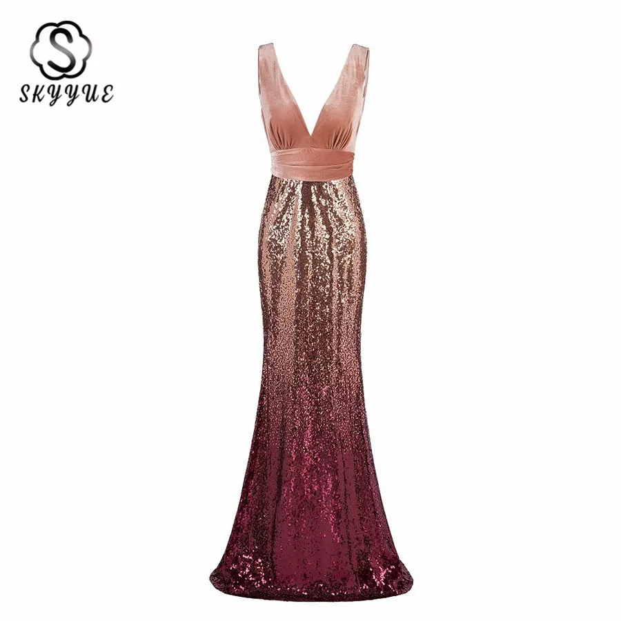 

Skyyue Evening Dress 2019 V-neck Evening Dresses for Women Sequin Mermaid Robe Soiree Sleeveless Floor Length Formal Gown LT002