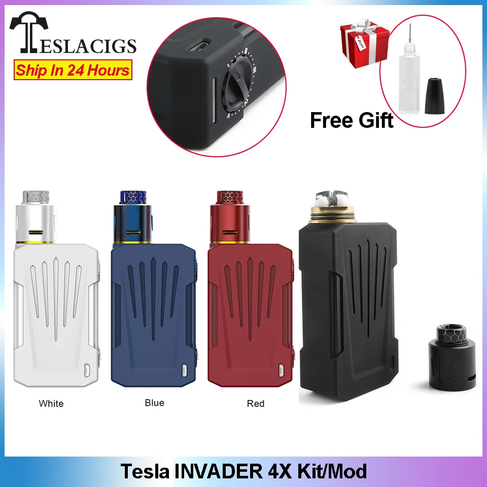 

Original Tesla Invader 4X VV vape box mod Kit With 5 Variable Voltage Single Coil Build Deck 25mm RDA Vape VS Smoant Pasito kit