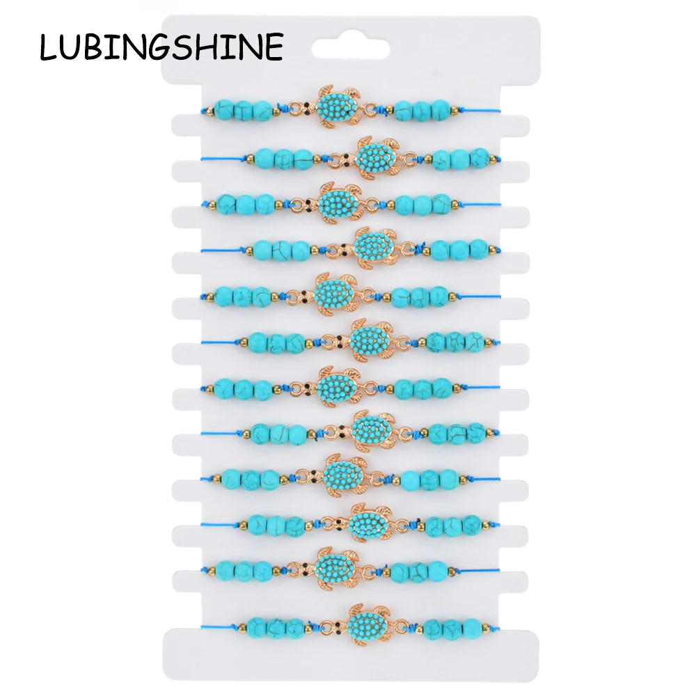 

12pcs/set Natural Stone Turtle Owl Elephant Charms Braided Bracelet Women Fatima Hand Adjustable Rope Chain Yoga Anklet Jewelry