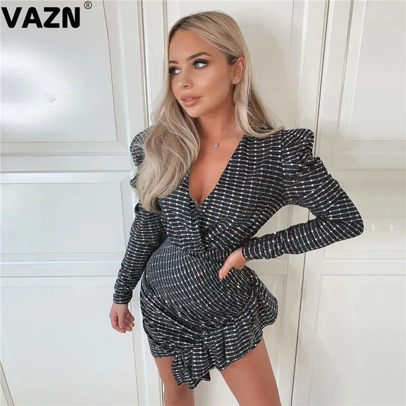 VAZN сексуальное Клубное модное черное асимметричное женское платье с глубоким v-образным вырезом и длинным рукавом с высокой талией