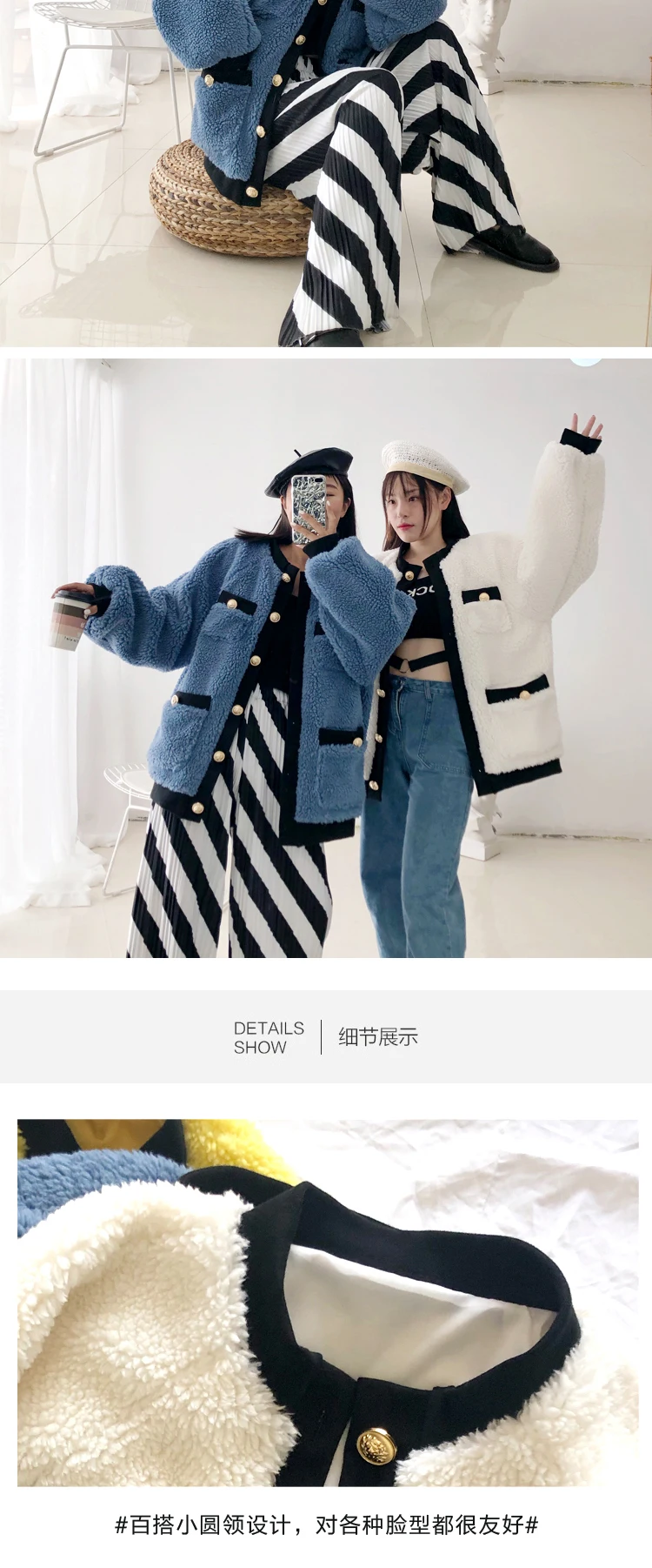 new autumn winter women single breasted loose faux fur coatsgolden buttons o-neck lamb wool jackets w1991