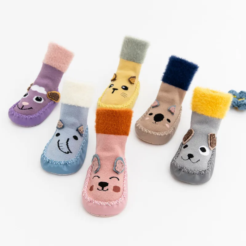 Детские носки с резиновой подошвой; зимние толстые теплые носки для малышей; нескользящие кожаные носки-тапочки для маленьких мальчиков и девочек