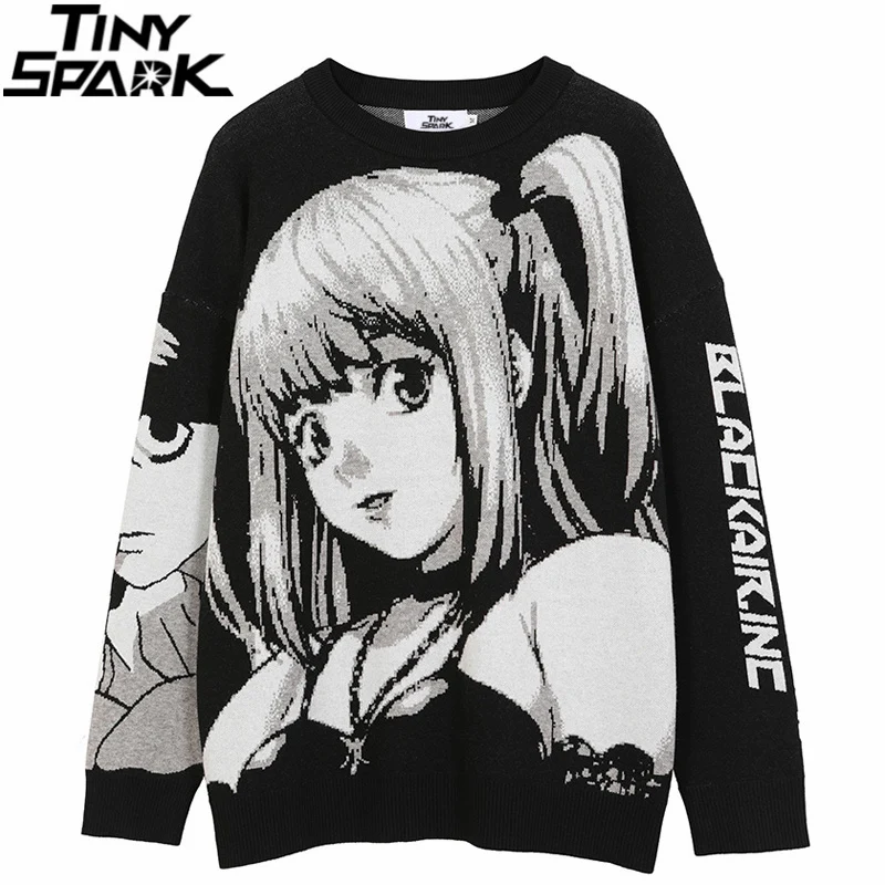 Knitted Sweater Pullover Hip-Hop Japanese-Style Anime Vintage Mens Streetwear Retro Cotton
