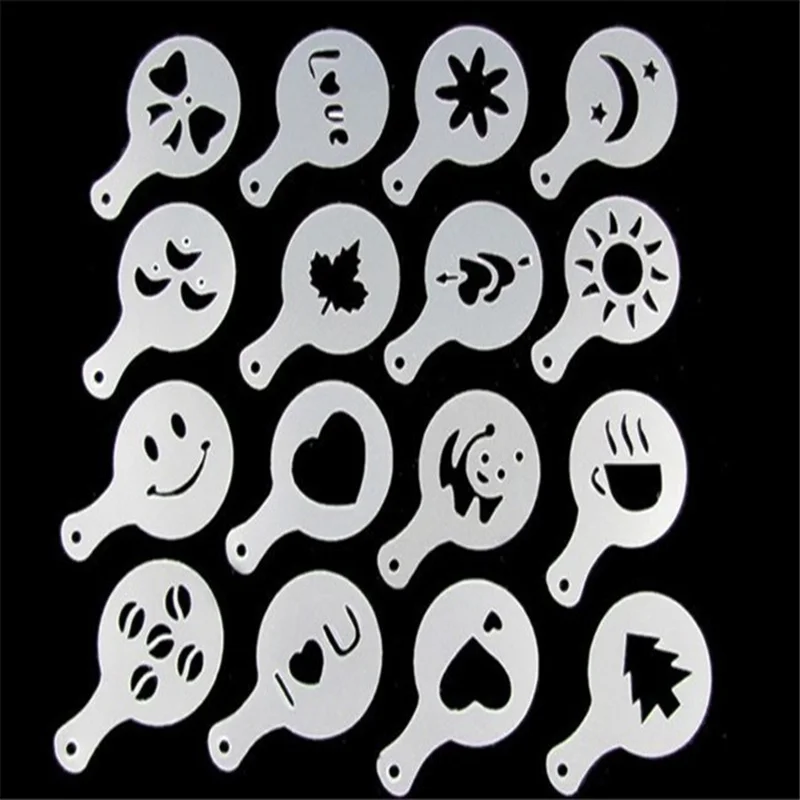 16PCS 16 шт./компл. кафе пенный пульвелизатор шаблон бариста трафарет украшения инструмент форма для гирлянды Кофе печать сито для сахарной пудры аксессуары - Цвет: 16PCS