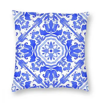 Funda de almohada decorativa de poliéster, azul, Azulejo portugués, funda de almohada informal, decoración del hogar