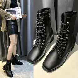 Новинка 2019 года; женские ботильоны; обувь из искусственной кожи на шнуровке; сезон осень-зима; женские черные ботинки; женские короткие