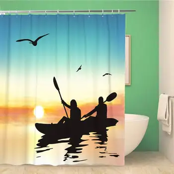 

Bathroom Shower Curtain Blue Canoe Silhouette of Girls Kayaking Having Fun Orange Polyester Fabric Waterproof Bath Curtain Set