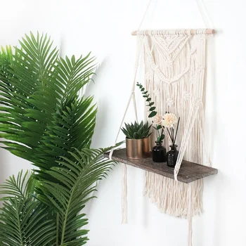 

Home Wall Decor Woven Cotton Rope Tapestry Wall Hanging Wooden Shelf Boho Storage Rack Non-folding Rack Eco-Friendly Plant Shelf