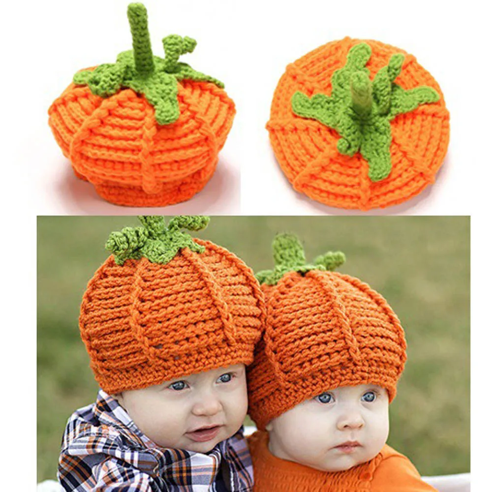 New Style Cute Newborn Baby Cartoon Pumpkin Cap Knit Hat Halloween Costume Photography Prop Kids Girl Boy Hats Photo Props