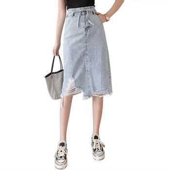 

2020 new Womens Skirt Vintage Clothes Ripped Denim Long Skirts Blue Harajuku Summer High Waist Streetwear flowy Fashion Spring