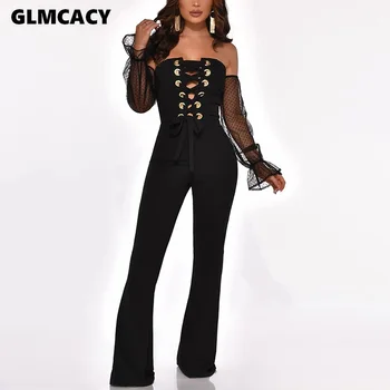 

Women Boot Cut Front Lace Up Jumpsuit Slash Neck Full Sleeve Solid Color Mesh Bandage Sexy Night Club Jumpsuits