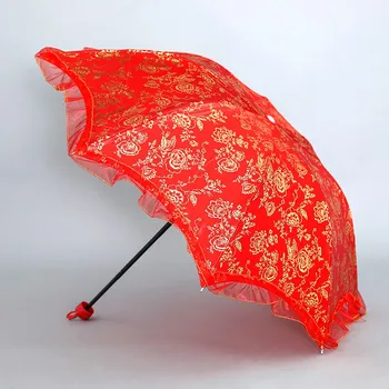 

2020 Festival Elegant Umbrella Rain Woman Lace umbrellas Wedding Bride Folding Red umbrella Bride lace Parasol Paraguas