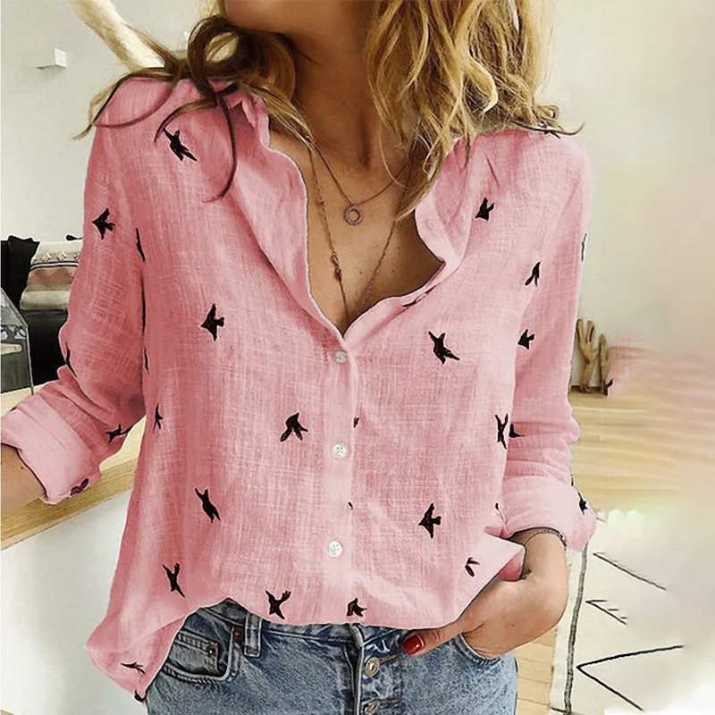 Women's Birds Print Shirts 35% Cotton Female Tops 2020 New Fashion Spring Summer Loose Casual Ladies Shirt Plus Size 5XL