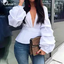 S-5XL Celmia Women Sexy V neck Fashion Blouse Long Lantern Sleeve Elegant Office Shirt Solid Casual Tunic Top Party Blusas Femme S-5XL Celmia Women Sexy V neck Fashion Blouse Long Lantern Sleeve Elegant Office Shirt Solid Casual Tunic Top Party Blusas Femme