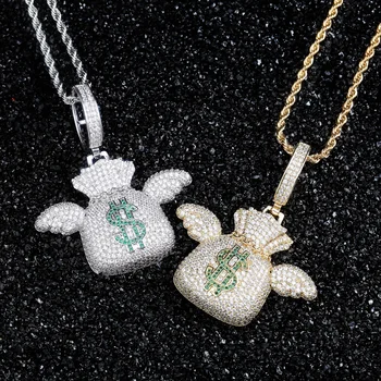 

OMYFUN Factory Price Money-pocket Wing Pendant Necklace Gold Silver Color Full CZ Iced Bling Charm Rapper Hiphop Men Jewelry