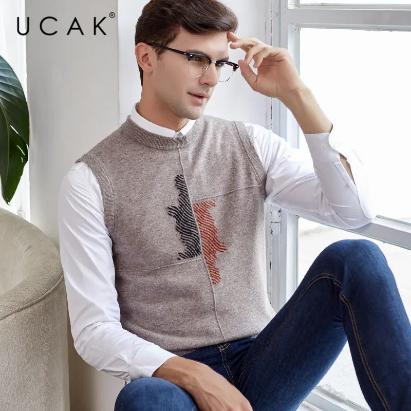 50% OFF UCAK Brand Pure Merino Wool Sweater Vest 2019 New Arrival Casual Autumn Winter Pull Homme Streetwear Warm O-Neck Sweaters U3112