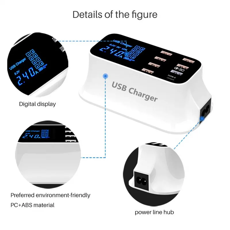 Универсальное зарядное устройство type C+ USB, 8 портов, быстрая зарядка 3,0 QC 3,0, быстрое зарядное устройство для мобильного телефона, адаптер для iPhone Xiaomi, usb-зарядное устройство