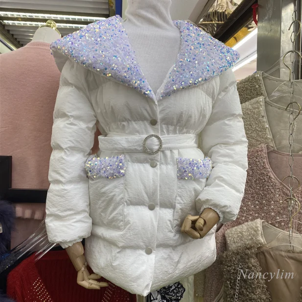 

Sequins Parka Woman 2020 Winter New Color Sequins Sailor Collar College Style Belt Waist Tight Cotton Parka Lady White Overcoat