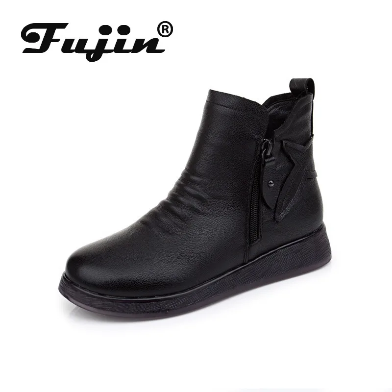 Fujin/женские ботинки из мягкой коровьей кожи Теплые зимние на меху молнии Женские
