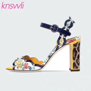 

New Rhinestone Flower Sandals Women Peep Toe Mixed Color Party Shoes Woman Genuine Leather Chunky High Heels Sandalias Mujer