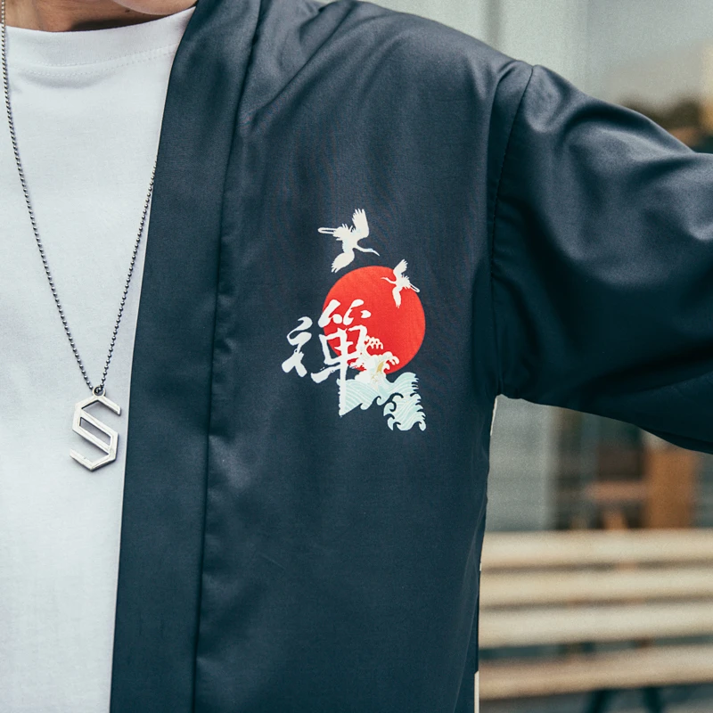 Bebovizi Casual Style Chinese Words Wave Print Cardigan Kimono Jacket Japanese Harajuku Women Men Streetwear Traditional Top