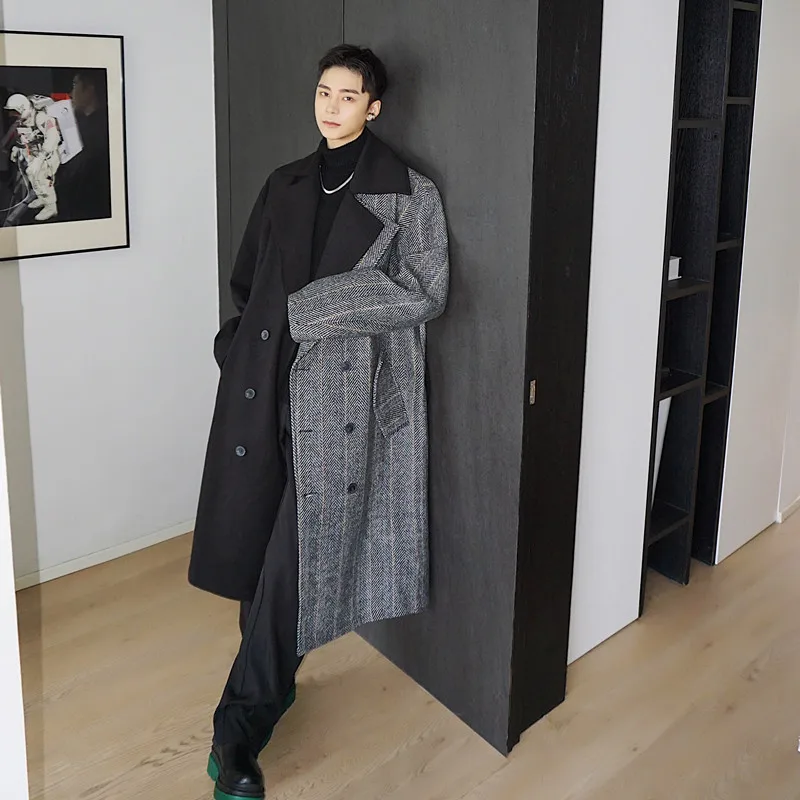 2021 Splice 3/4 Length Woolen Belt Double Breasted Trench Coat Overcoat Male Streetwear Vintage Windbreaker Jacket Outerwear