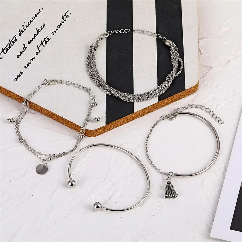 NEW Set Bohemian Silver Color Tassel Round Bracelet Set for Women Multilayer Pendant Bracelet 2020 Fashion Jewelry
