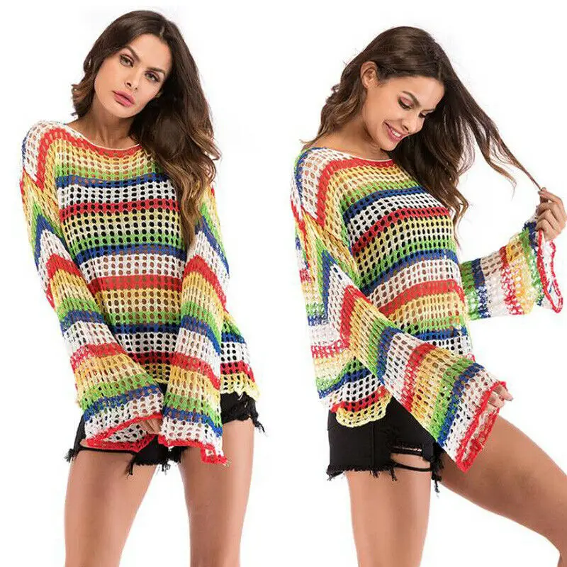 

Summer Women Sheer Fishnet Mesh Bikini Cover Up Swimwear Lady Cover Ups Colorful Knitted Striped Flare Sleeve Tops