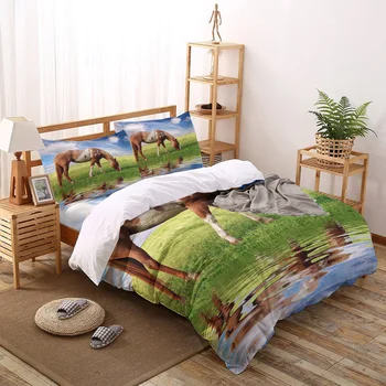 

Brown Horse Animal Grassland Blue Sky Printed Duvet Cover Set 4 Piece Bedding Set Home Textile Customizable
