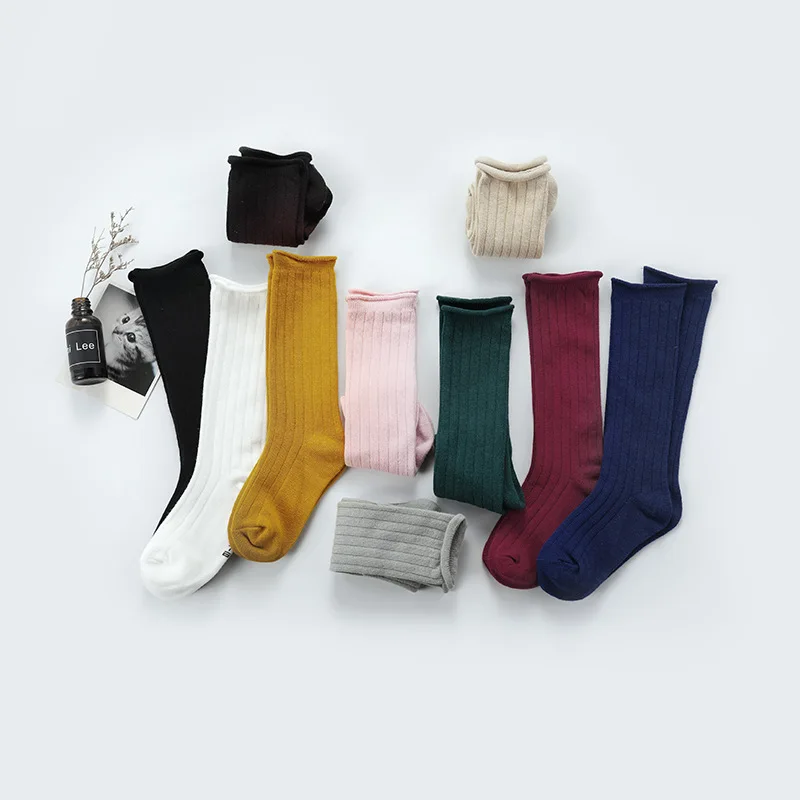 От 1 до 3 лет, зима-осень, Детские однотонные носки, яркие цвета, хлопковые Свободные высокие носки для малышей, детские длинные носки