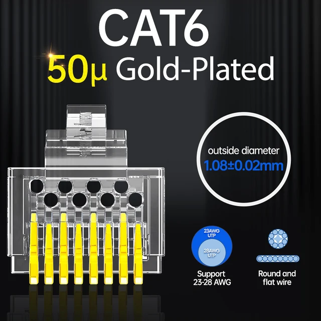 AMPCOM CAT6 CAT5E Pass Through RJ45 Modular Plug Network Connectors UTP 3/50μ Gold-Plated 8P8C Crimp End for Ethernet Cable CAT6 50U