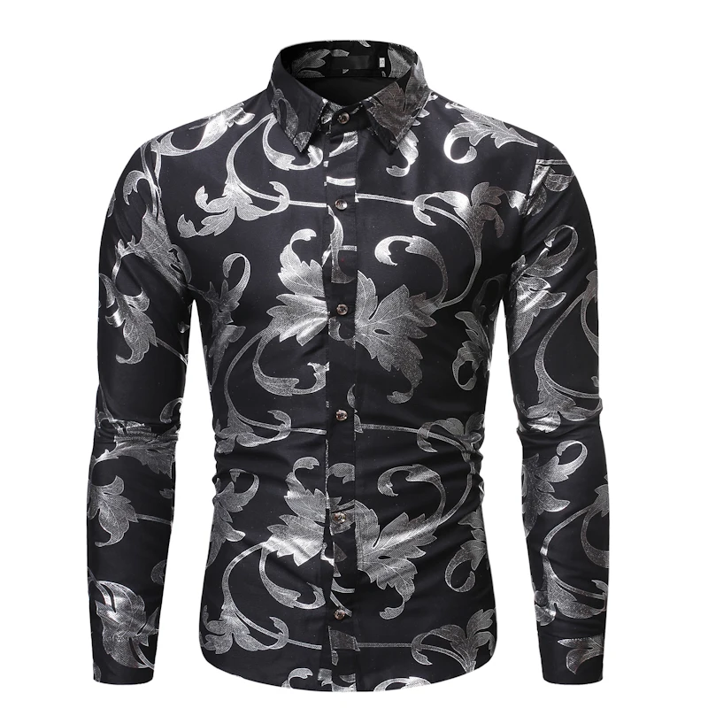 

2019 Gold Black Shirt Men New Slim Fit Long Sleeve Masculina Gold Black Chemise Homme Social Men Club Prom Shirt
