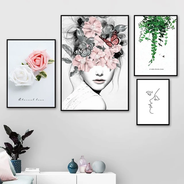 Modern Flower Leaf Girl Rose Canvas Painting Quotes Posters And Prints Line Drawing  Wall Art Pictures Living Room No Frame - Painting & Calligraphy - AliExpress