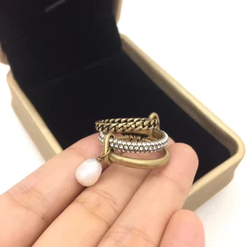 

Brand Fashion Pearl Jewelry For Women Vintage Rings Drop Pearl Ring Vintage Party Rings Yellow Brass Jewelry Steam Punk Rings
