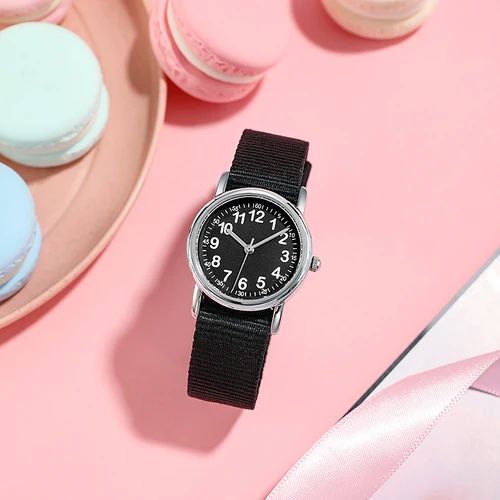 읽기 쉬운 어린이 시계 슬립 스루 패브릭 스트랩, 일본 무브먼트 실버 톤 케이스 28MM 5