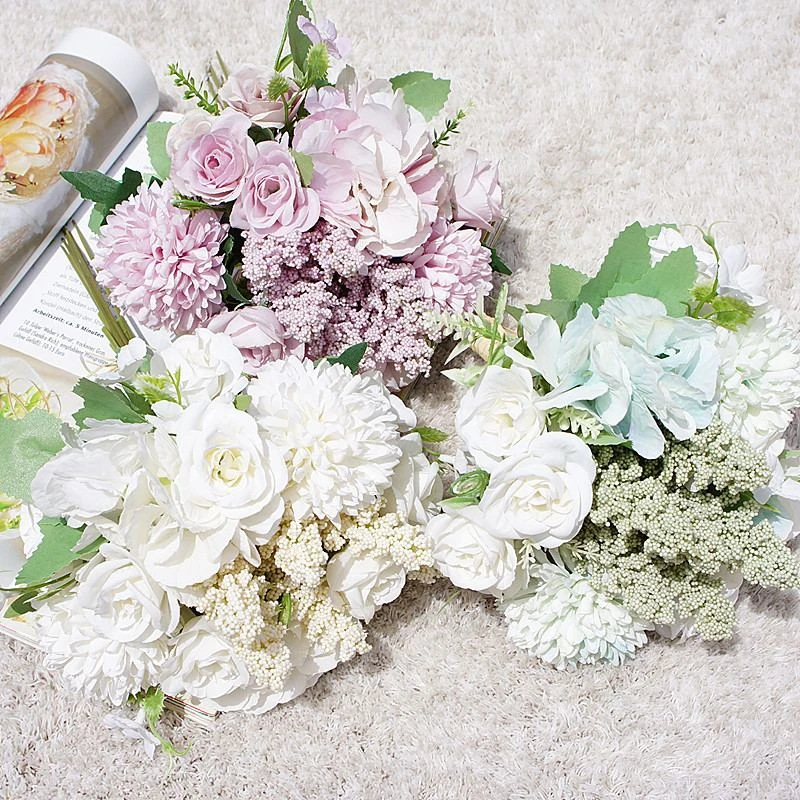 Bouquet d'hortensia camélia et de pissenlit, fausses fleurs de demoiselle  d'honneur, pour décoration de mariage et de maison | AliExpress