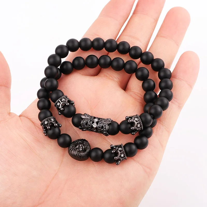 High Quality Natural Matte Onyx Stone Beads Cubic Zircon Crown Charm Elastic Beads Bracelet Set Jewelry Men - Image 2