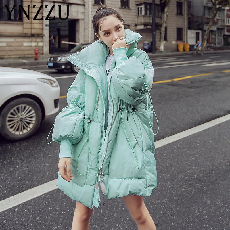 

YNZZU 2019 Winter Chic Mint Green Women Parkas Casual Female Jacket Bread Cotton Padded Coat Thicken Warm Loose Outwear A1237